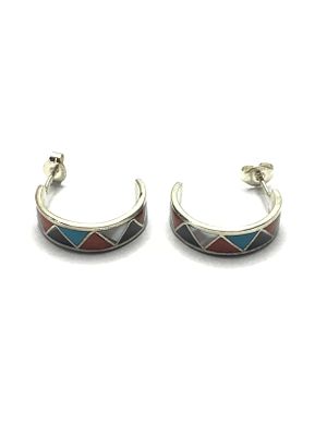 Zuni handmade earrings. Sterling silver half hoop earrings with multiple stone inlay. 3.23 grams 