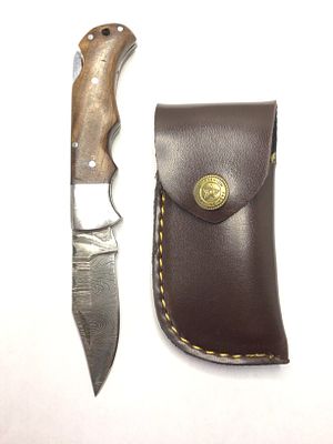 Damascus folding knife with sheath. 3 inch blade length.