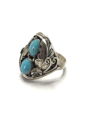 Navajo handmade ring. Sterling silver ring with Kingman turquoise stones. 8.21 grams total 