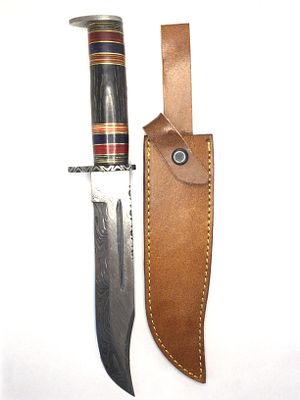 Damascus hunting knife with sheath. 8 1/2 inch blade length.