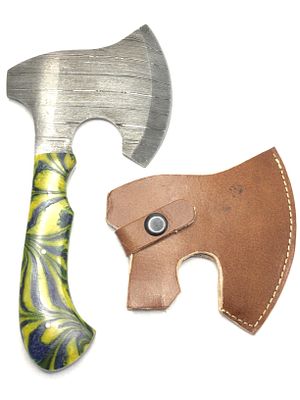 Damascus bladed hatchet. Hatchet with Damascus blade with sheath. Approximately 10 inches total 