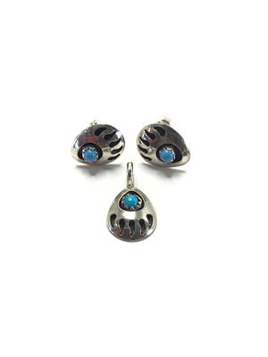 Artisan handmade jewelry set. Sterling silver earrings and pendant with turquoise stones. 1.84 