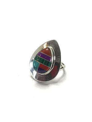 Artisan made ring. Sterling silver teardrop ring with multiple stone inlay. 3.67 grams total 