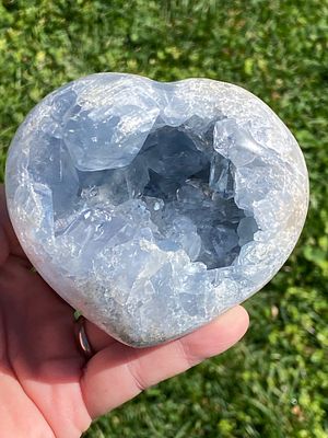 Celestite, Crystal, Heart, Carving, Collectible, Decor. 4" Heart: Celestite Crystals in Open 