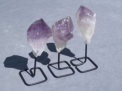 Amethyst, Rock, Crystal, Decor, Collectible. Amethyst Crystal Points on Metal Display Stands 