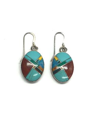 Artisan made earrings. Sterling earrings with multiple stone inlay. 4.61 grams total weight.