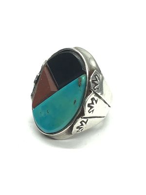 Artisan handmade ring. Sterling silver ring with multiple stone inlay. 24.52 grams total weight. 