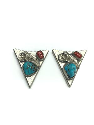 Artisan made collar tips. Sterling silver tips with turquoise and red coral stones. 16.18 grams 