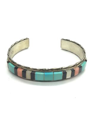 Zuni handmade cuff bracelet. Sterling silver cuff with multiple stone overlay. 24.47 grams total 