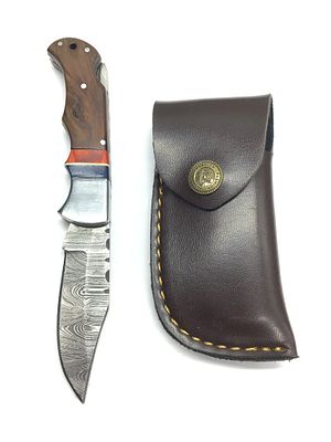 Damascus folding knife with sheath. 3 inch blade length.