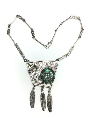 Artisan made necklace. Sterling silver necklace with turquoise like stone. 52.25 grams total 