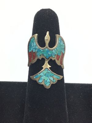 Artisan handmade ring. Sterling silver ring with turquoise and red coral chip inlay. 5.05 grams 