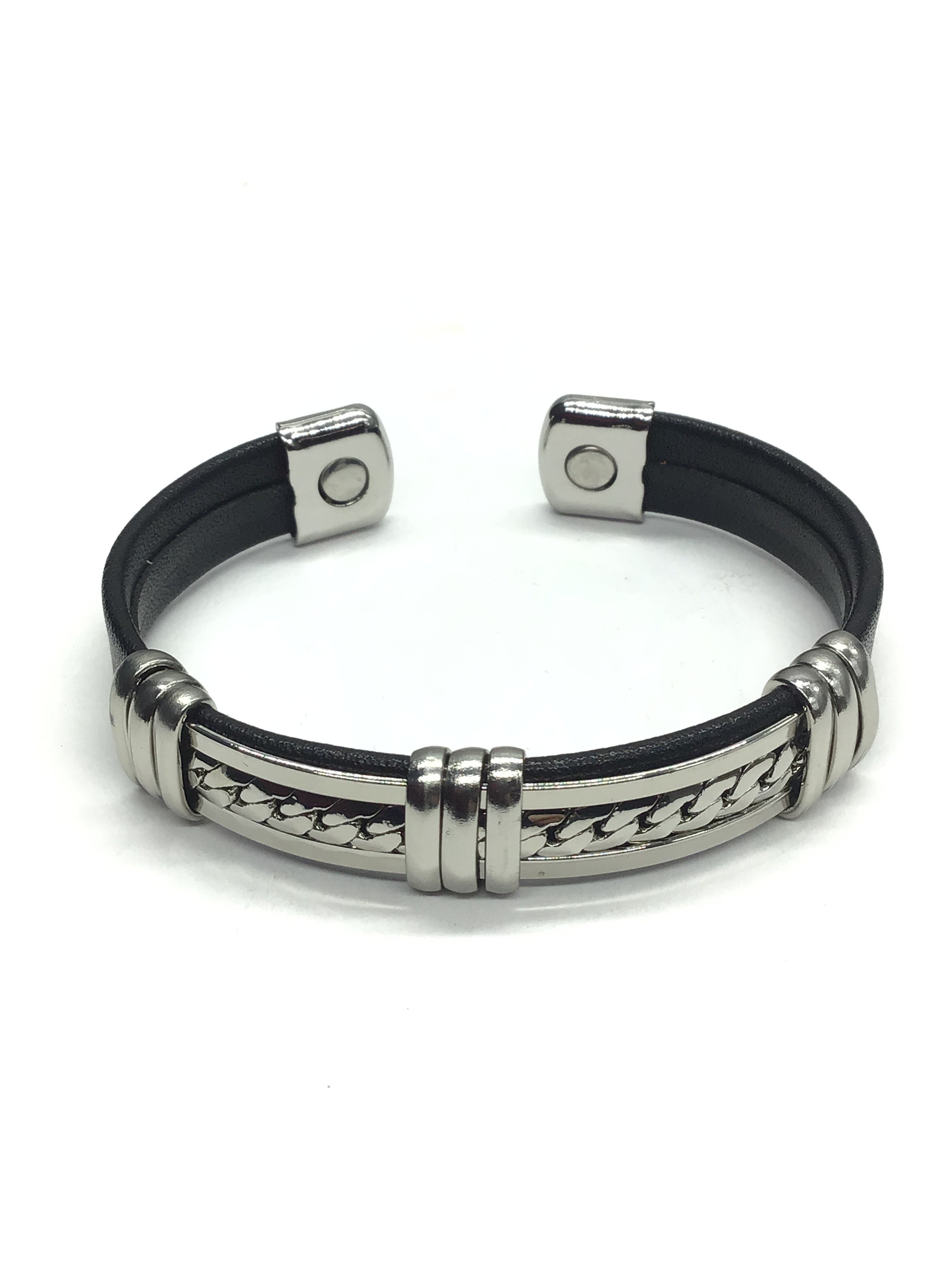 Steel and leather cuff bracelet