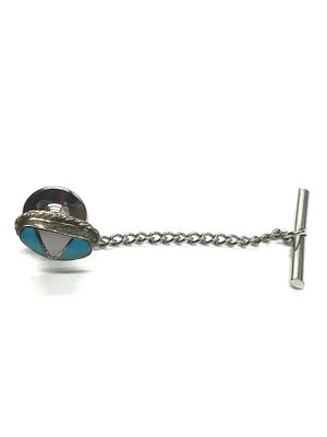 Zuni style inlay tie tack. Sterling silver tie tack with turquoise and mother of pearl inlay. 