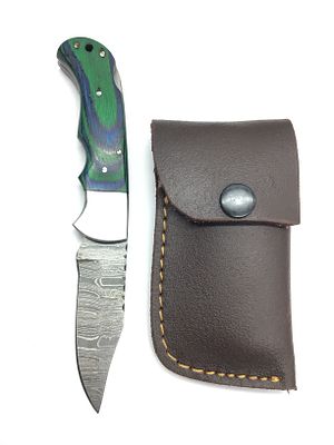 Damascus bladed folding knife with sheath. 3 inch blade length.