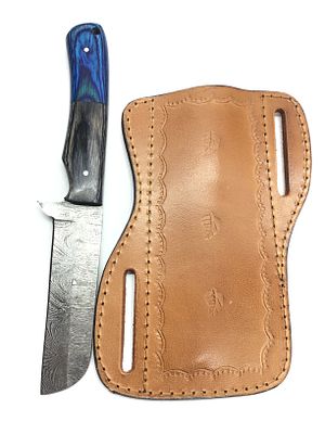 Damascus bladed knife with sheath. 4 inch blade length. Full Tang.