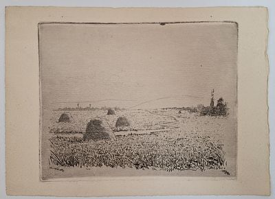 Лев. [Пейзаж со стогами]. С подписью. – 1880, бумага верже, офорт, размер 18х13 см. На гравюре 