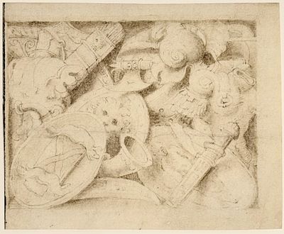 Приписывается Энеа Вико (1523-1567). Рисунок с трофеями. Бумага, простой карандаш, чернила. 