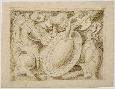 Приписывается Энеа Вико (1523-1567). Рисунок с трофеями. Бумага, простой карандаш, чернила. 