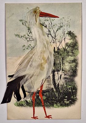 Цапля. Открытое письмо с аппликацией и ручной дорисовкой. Печать, перья. – [до 1917?]. Размер: 