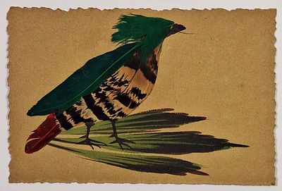 Кардинал. Открытое письмо с аппликацией и ручной дорисовкой. Акварель, перья. – [1917?] Размер: 