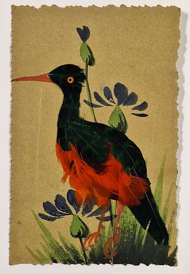 Зеленая цапля. Открытое письмо с аппликацией и ручной дорисовкой. Акварель, перья. – [1917?] 