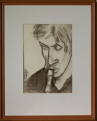 Т. Новиков. Портрет художника Сергея Сергеева с флейтой. 1980 
Бумага, соус. 42,5х30,0 
