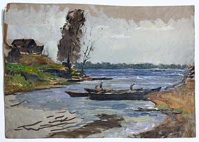 [Панкратов?]. Старая Ладога. Лодки. XX в. Без подписи. Холст, масло. Размер: 54х39 см. Утраты 