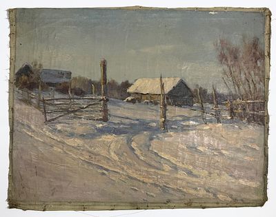 Н.Х.Зимний день в хуторе. XX в. Без подписи. Холст, масло. Размер: 59х46,3 см. Трещины на 