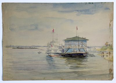 [А. П. ?] На Волге.1956г. Бумага, акварель, простой карандаш. Размер: 41,5х29,6 см. Загрязнение 