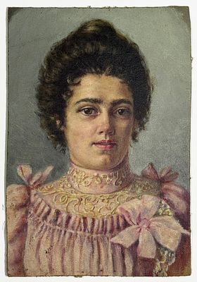 Н.Х. Девушка в розовом. Кон. XIX – нач. XX в. Картон, масло. Размер в раме: 28,3х19,3 см. Мелкие 