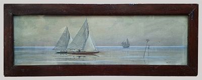 Ф. Волков. (?) Яхты в штиль. (Подпись художника в правом нижнем углу), 1909 г.. Бумага, простой 
