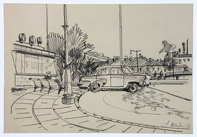 У ТЮЗа. Рисунок. Без подписи. 1962 г. Бумага, графит. Размер: 38,4х26,4 см. Хорошее состояние 