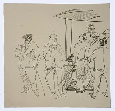 Уличная торговля. Рисунок. Без подписи. 1962 г. Бумага, цв. карандаш. Размер: 28,7х28,4 см. 