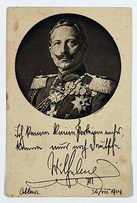 Открытое письмо с портретом кайзера Вильгельма II. – Белин. 1914. Размер: 14,5х9,5 см.