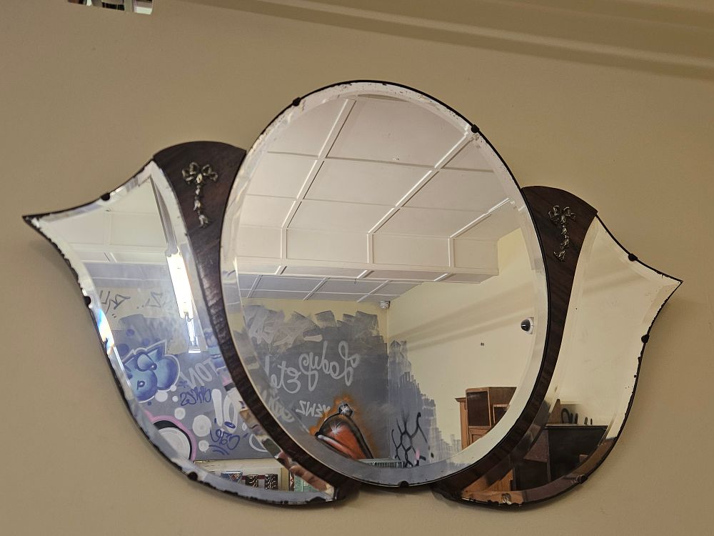 Lot 212 – Art Deco Style Triptych Wall Mirror with Bevelled Glass and Walnut Veneer