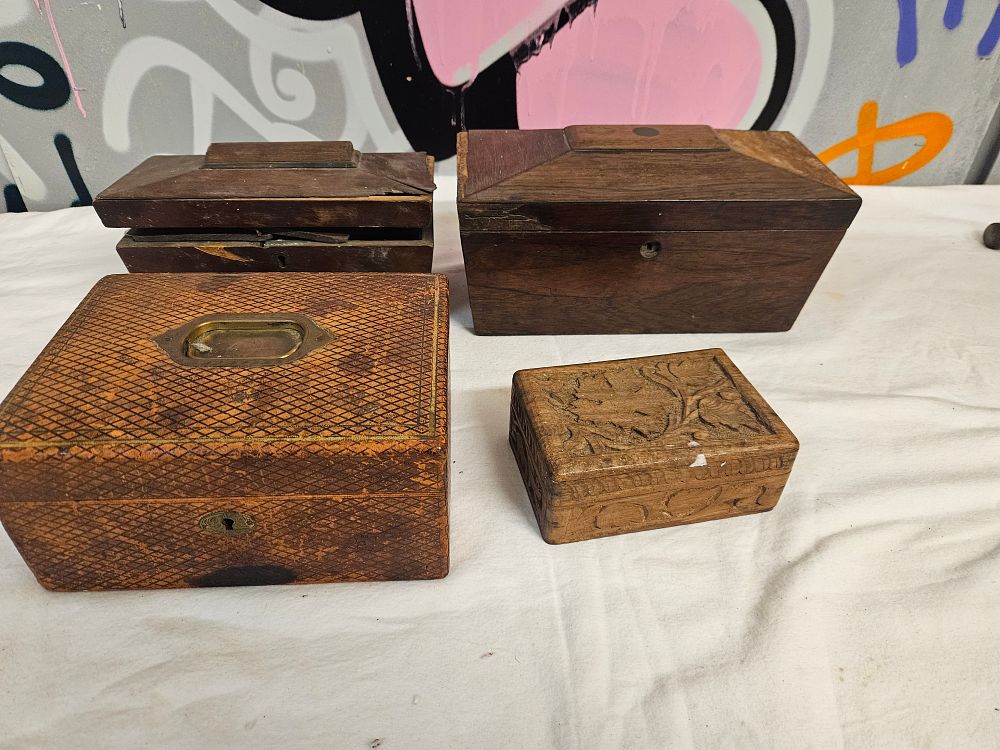 Lot 304 – A Group of Antique and Vintage Wooden Boxes including Sarcophagus-Form Tea Caddies