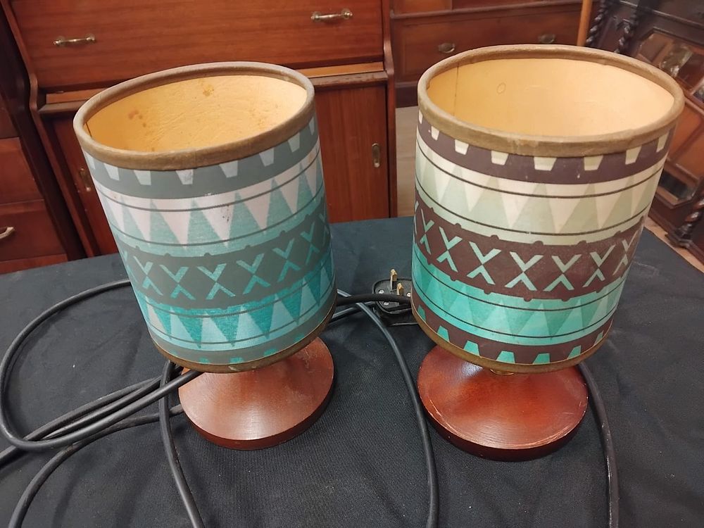 Lot 336 – A Pair of Mid-Century Modern Turned Wood Table Lamps with Tribal Style Geometric Shades