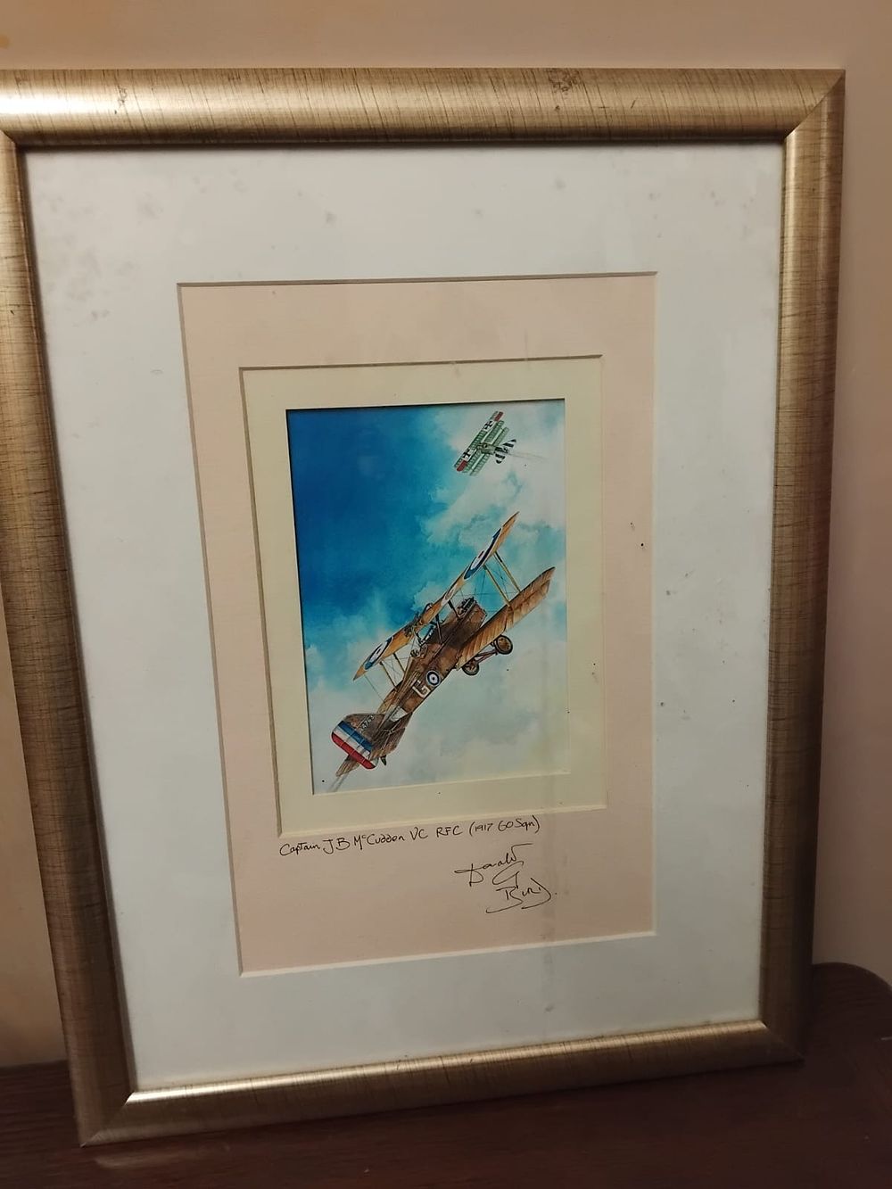 Lot 225 – Donald Burn, Captain J.B. McCudden VC RFC (1917 60 Sqn), WWI Aerial Combat Scene, Watercolour