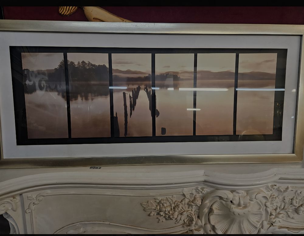 Lot 247 – A contemporary framed six-panel panoramic photographic print depicting a misty lake landscape