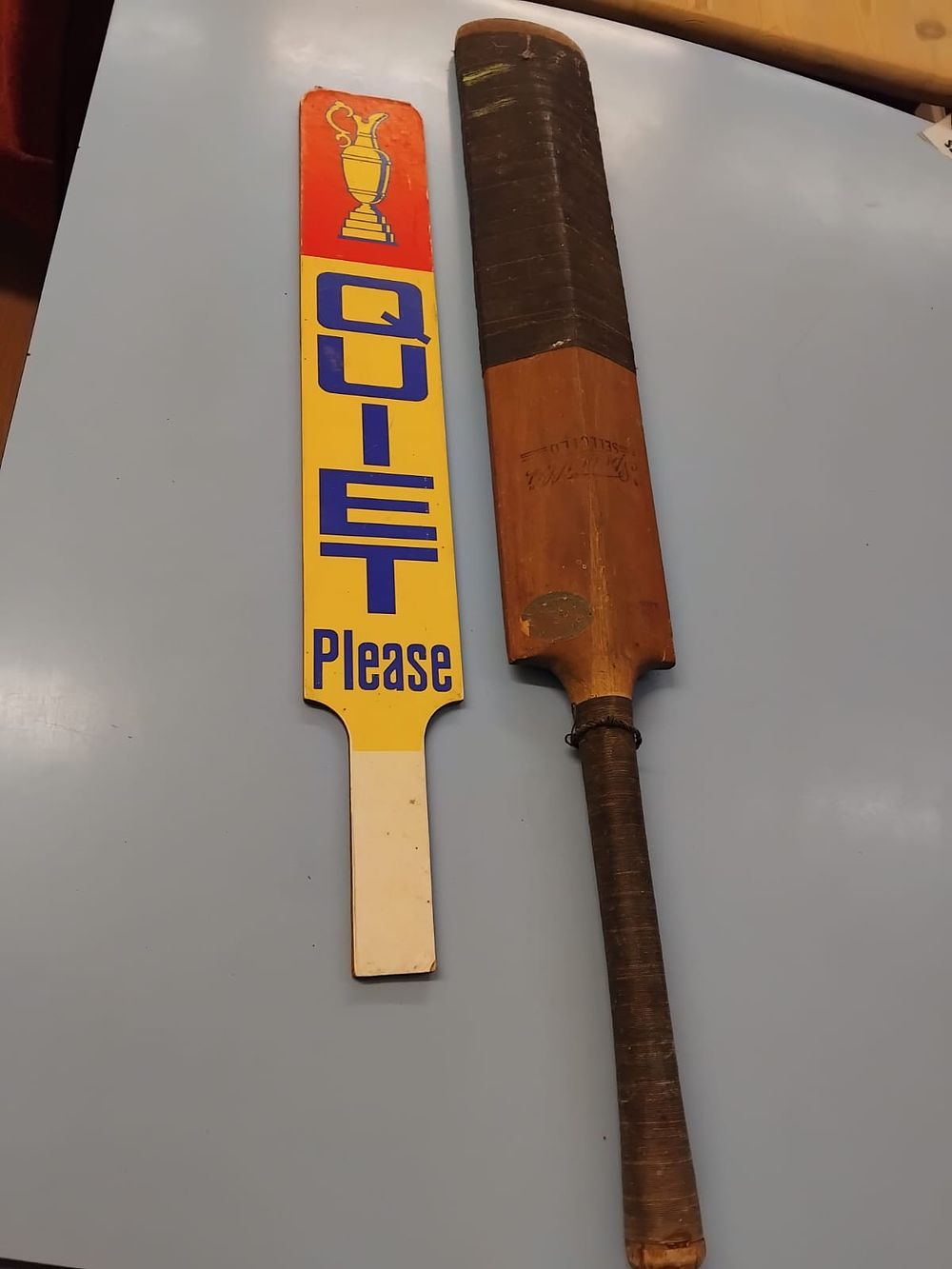 Lot 305 – Two Vintage Sporting Items comprising a Golf Marshal’s Paddle and a Willow Cricket Bat