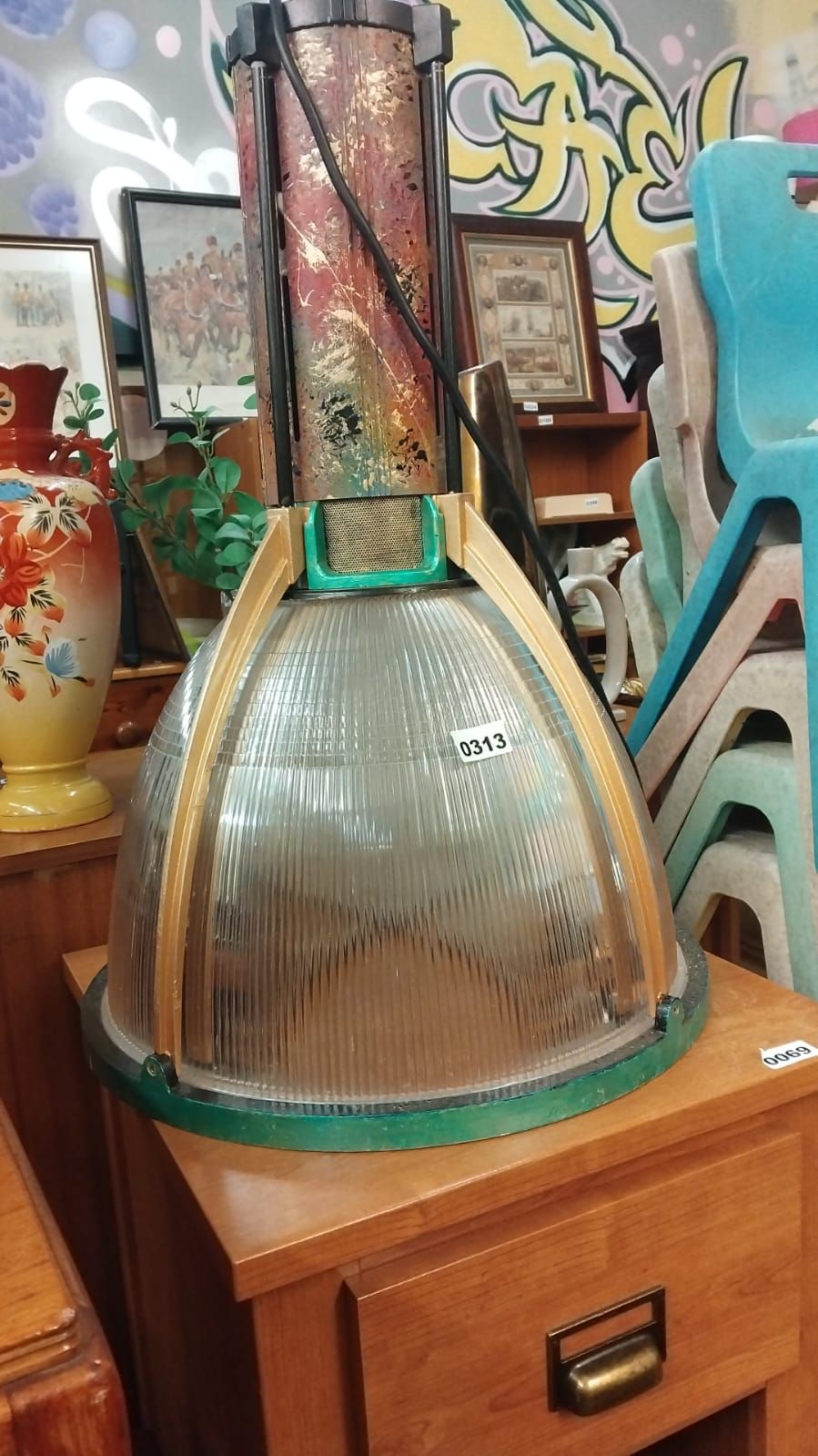 Lot 313 – An Industrial Pendant Light with Holophane-Style Prismatic Glass Shade and Decorative Finish