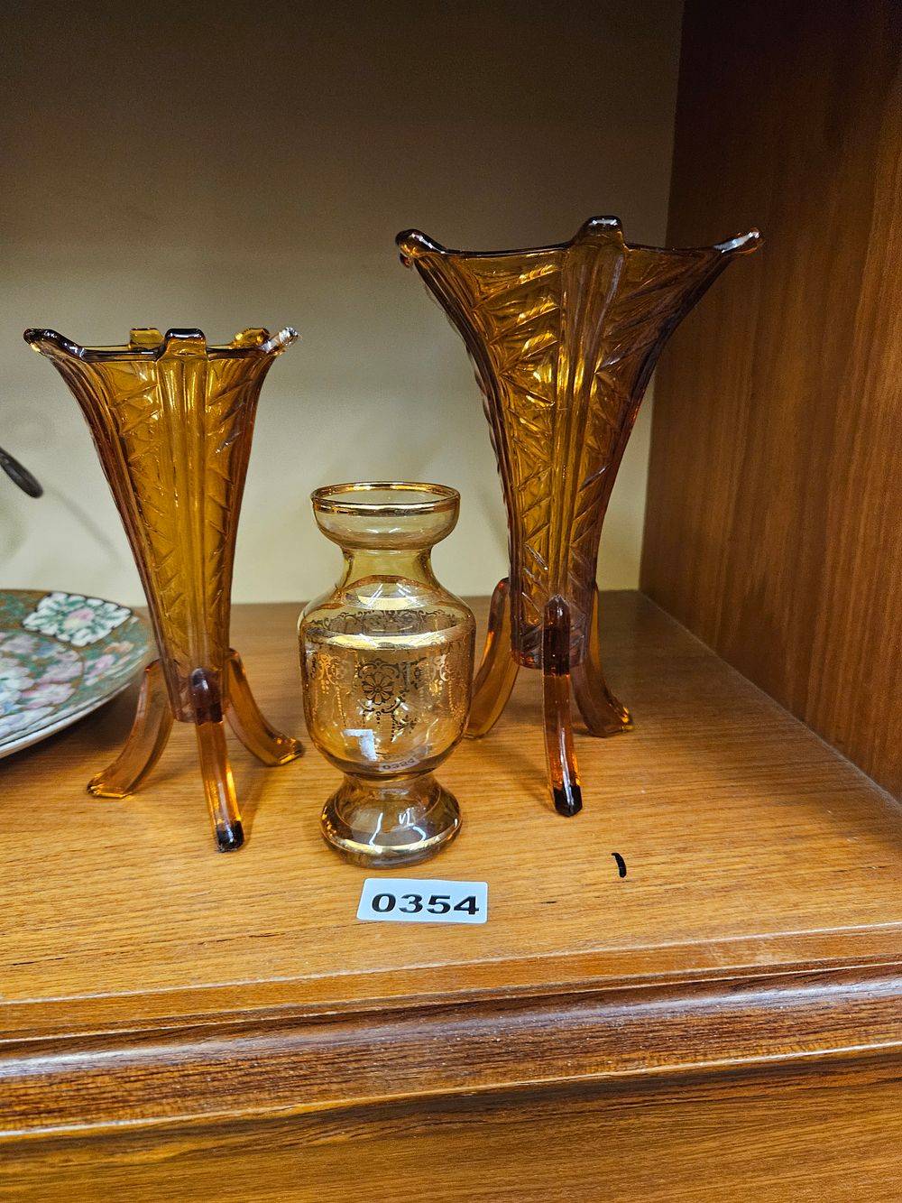 Lot 354 – A Trio of Mid-Century Amber Pressed Glass Vases and a Gilt Decorated Vessel