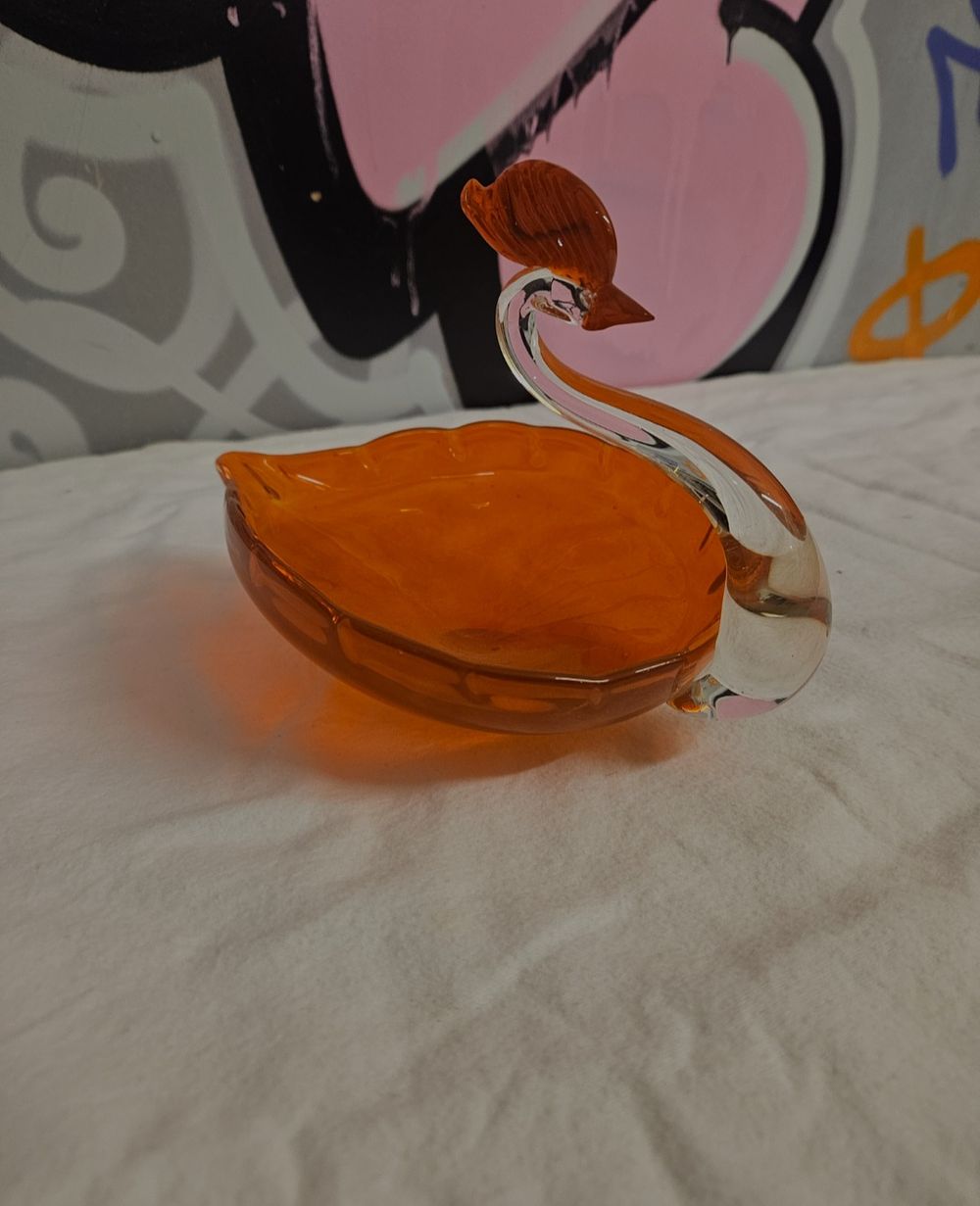 Lot 397 – Mid-century Style Orange and Clear Art Glass Swan Dish