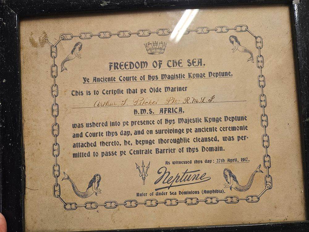 Lot 178 – WWI Royal Marine Light Infantry Crossing the Line Certificate HMS Africa 1917