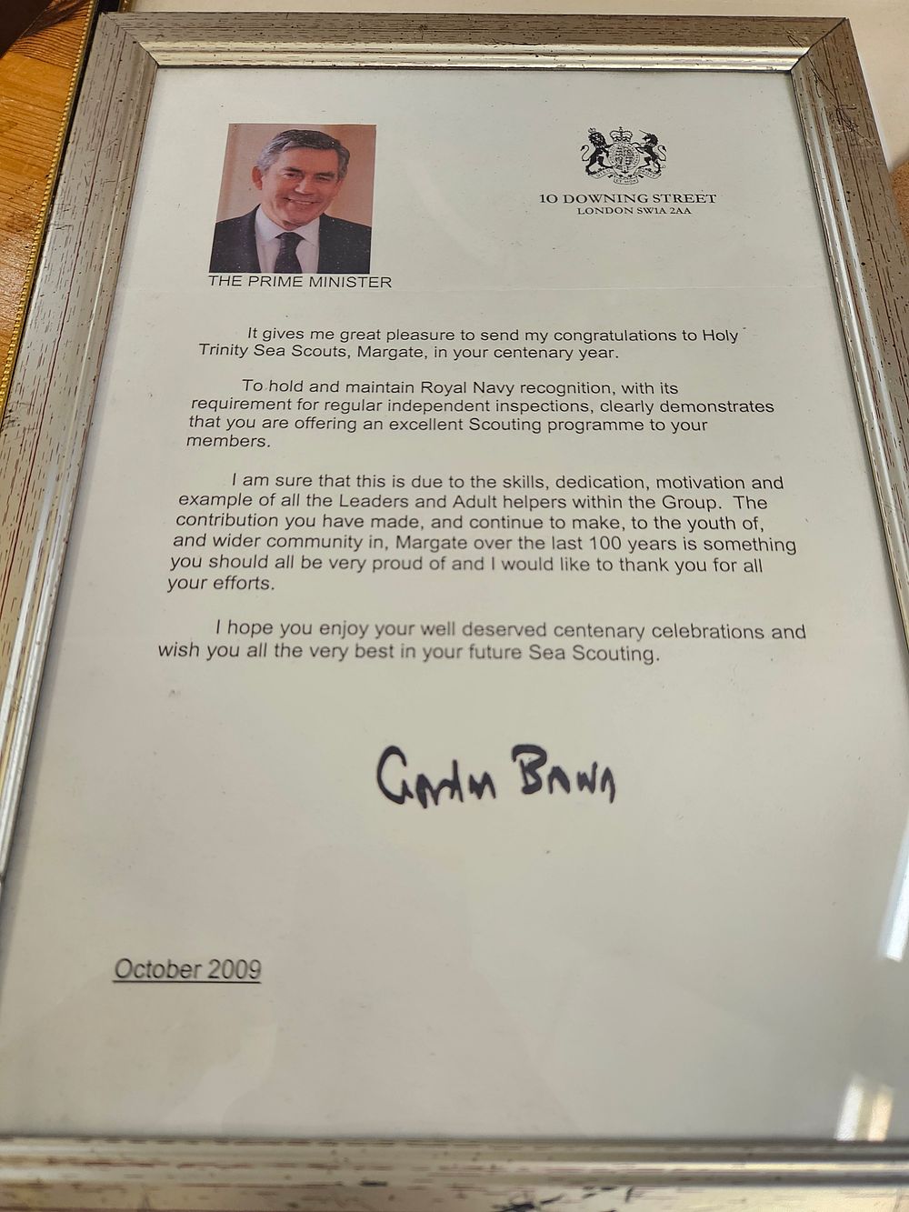 Lot 179 – Framed 10 Downing Street Congratulatory Letter Signed by Gordon Brown to Holy Trinity Sea Scouts, 2009