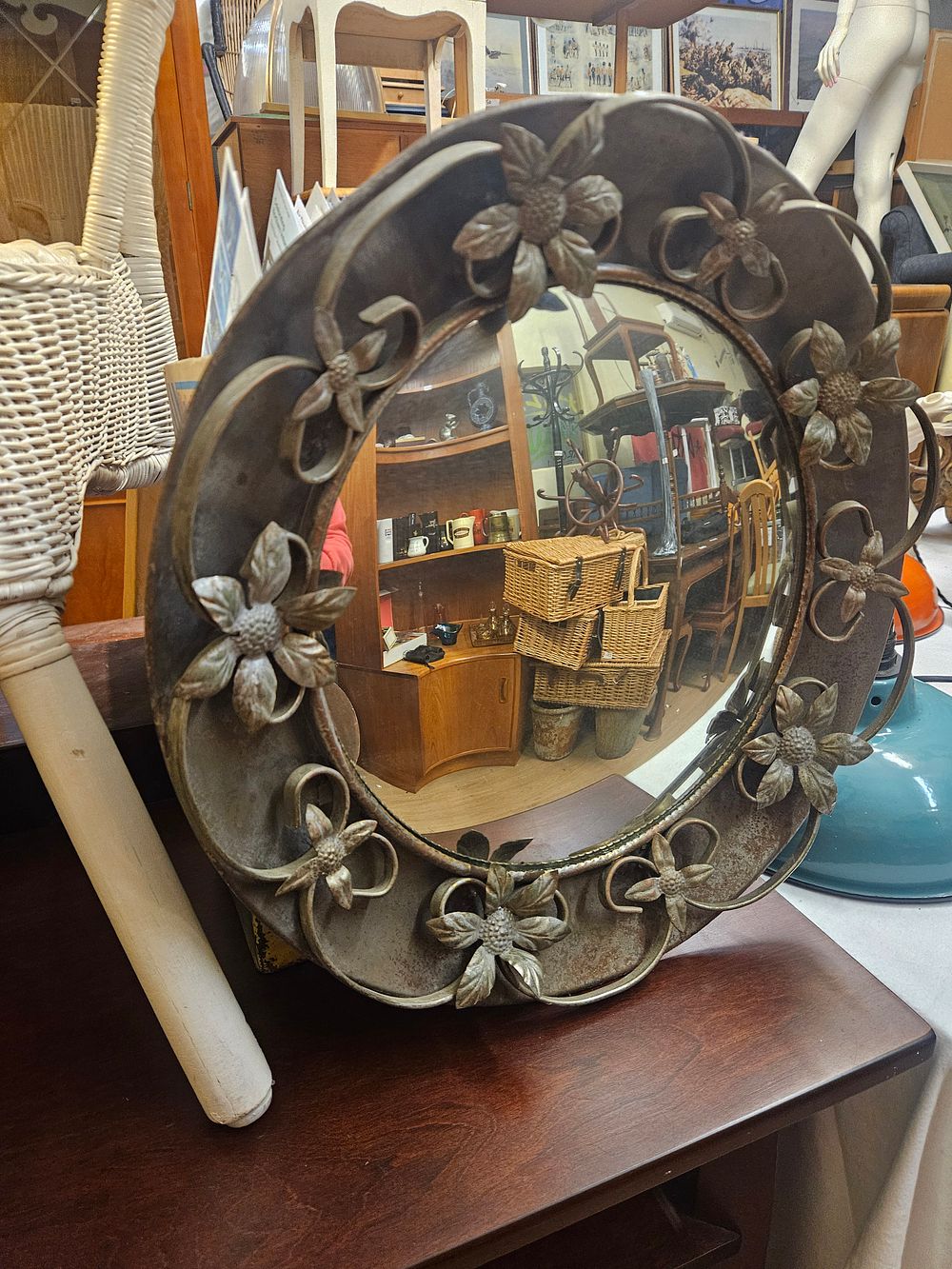 Lot 198 – Mid-20th Century Brutalist Style Circular Convex Wall Mirror with Floral Metal Frame