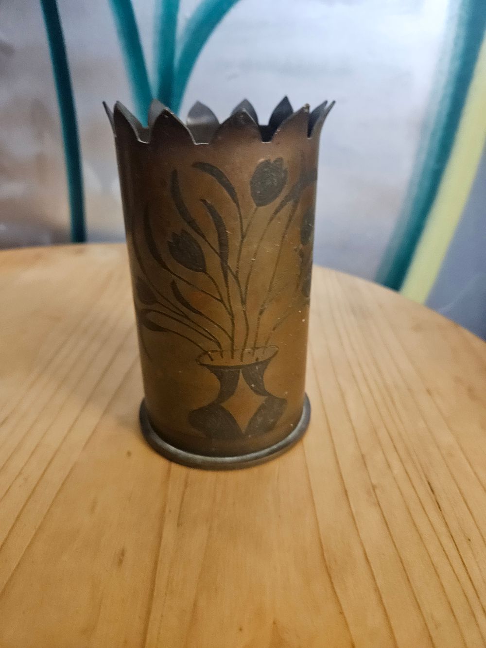 Lot 208 – A British First World War 2-Pounder Brass Trench Art Vase Dated 1917