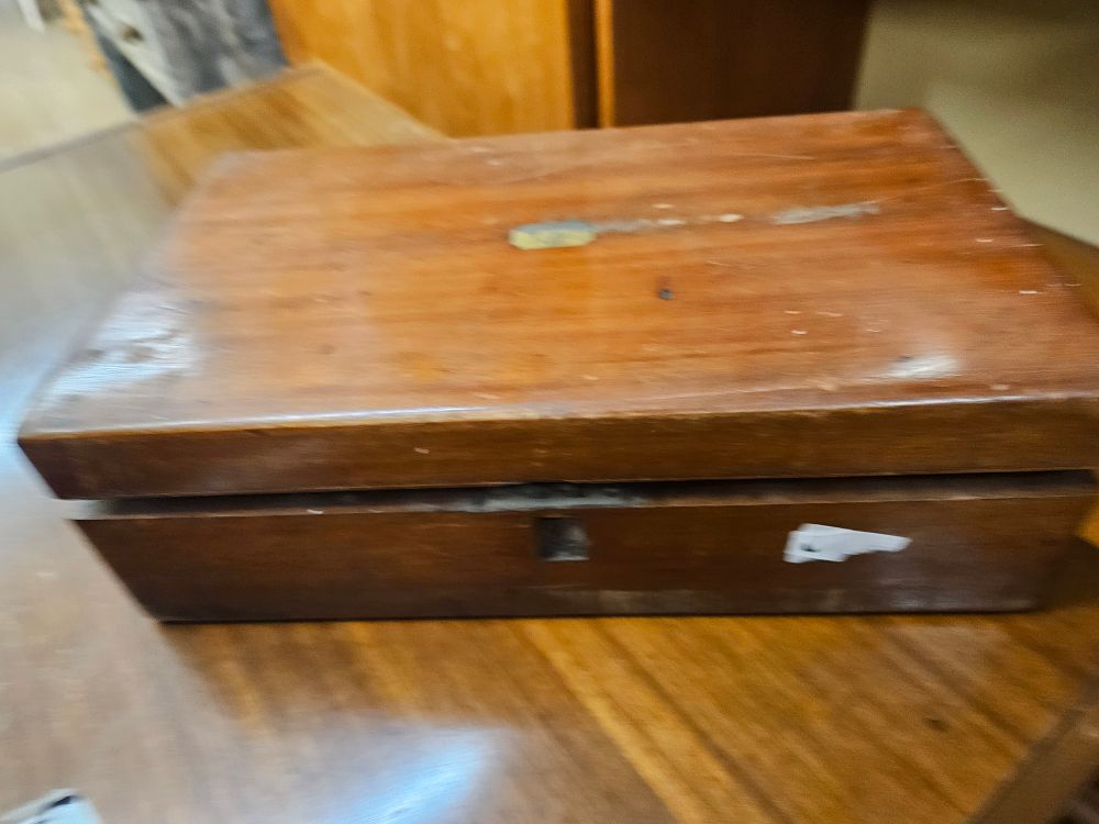 Lot 252 – An Antique Stained Wood Storage Box with Fitted Velvet Interior