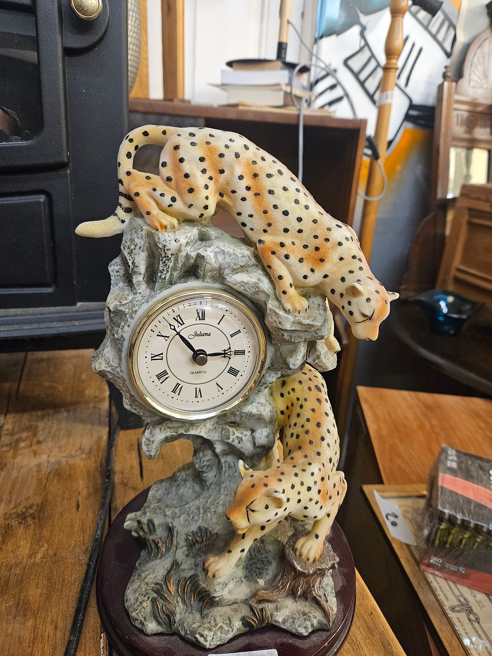 Lot 257 – A Juliana Quartz Mantel Clock Featuring Cheetah Figurines
